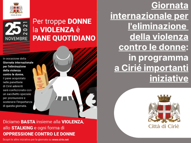 Giornata internazionale per l'eliminazione della violenza contro le donne: in programma a Cirié importanti iniziative