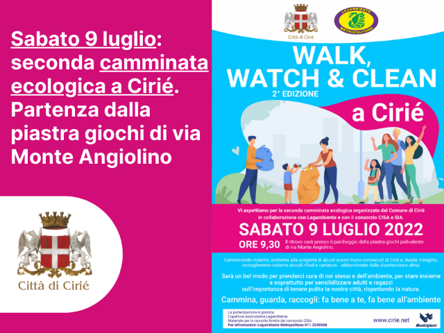 "Walk, watch & clean": sabato 9 luglio, camminata ecologica a Cirié