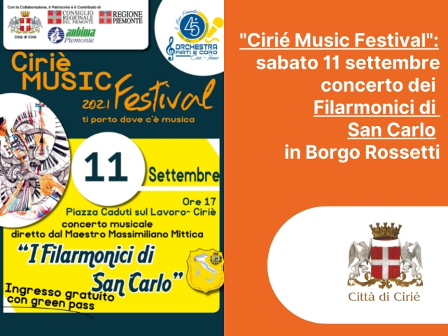 Cirié Music Festival: sabato 11 settembre, concerto in Borgo Rossetti de "I Filarmonici di San Carlo"