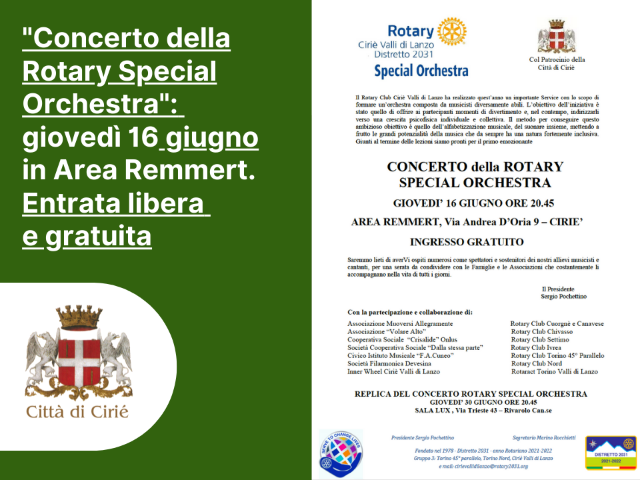 "Concerto della Rotary Special Orchestra": giovedì 16 giugno