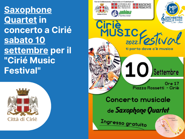 Saxophone Quartet in concerto a Cirié sabato 10 settembre