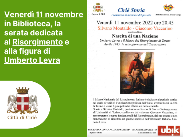 Venerdì 11 novembre in Biblioteca, la serata dedicata al Risorgimento e alla figura di Umberto Levra
