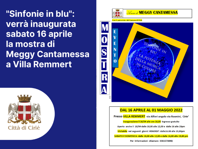 "Sinfonie in blu": verrà inaugurata sabato 16 aprile la mostra di Meggy Cantamessa a Villa Remmert 