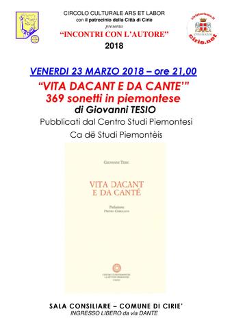 Incontri con l'autore 2018: venerdì 23 marzo, presentazione "Vita da cant e da cante'" in sala consiliare.