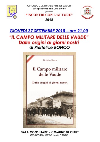 "Il campo militare delle Vaude": giovedì 27/09 in Sala Consiliare a Cirié 